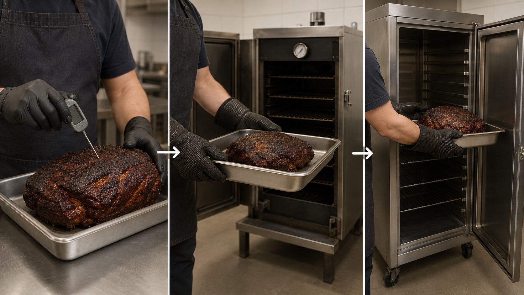 Illustration of an operator moving cooked food from a smoker into separate holding equipment