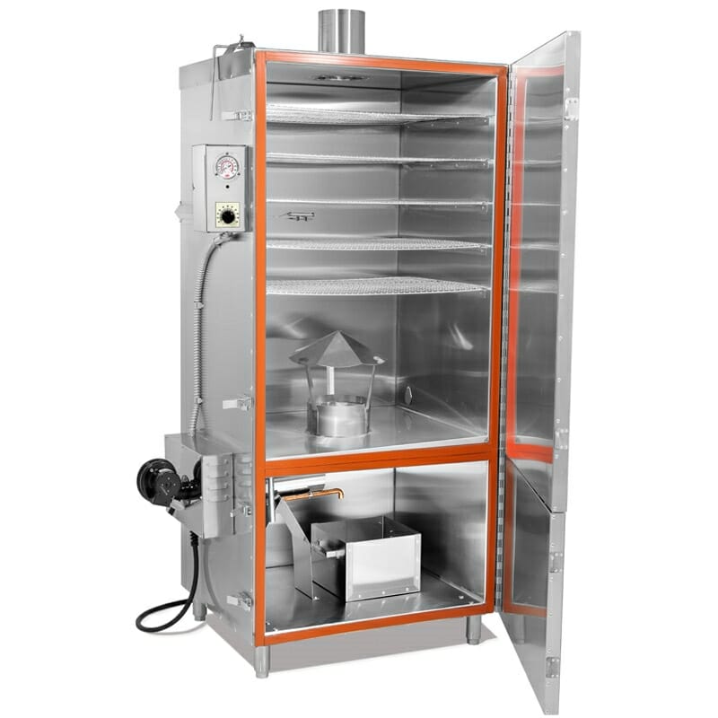 Manufacturer photo of the TSM 100 lb smoker with its door open; shelves shown are sold separately
